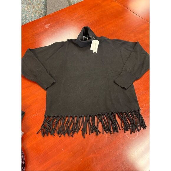 Carmen Marc Valvo Black Fringe Hem Viscose Soft Blend Turtleneck Sweater sz M N - Picture 1 of 5